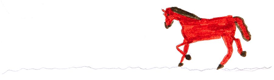 Marker drawing of a red horse in mid-gallop.