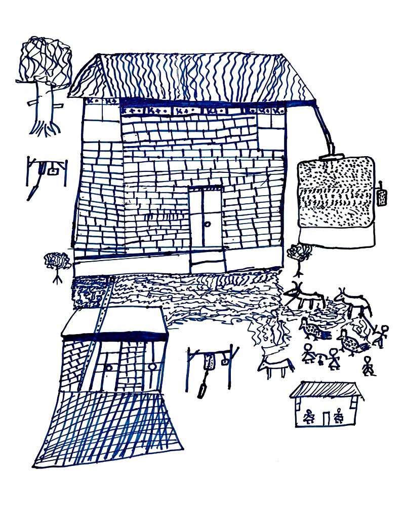 A dark blue marker drawing of Sara's home, a brick structure with an attached water tank and separate small buildings for the toilet and kitchen. Outside is a garden with several farm animals and people gathered together.