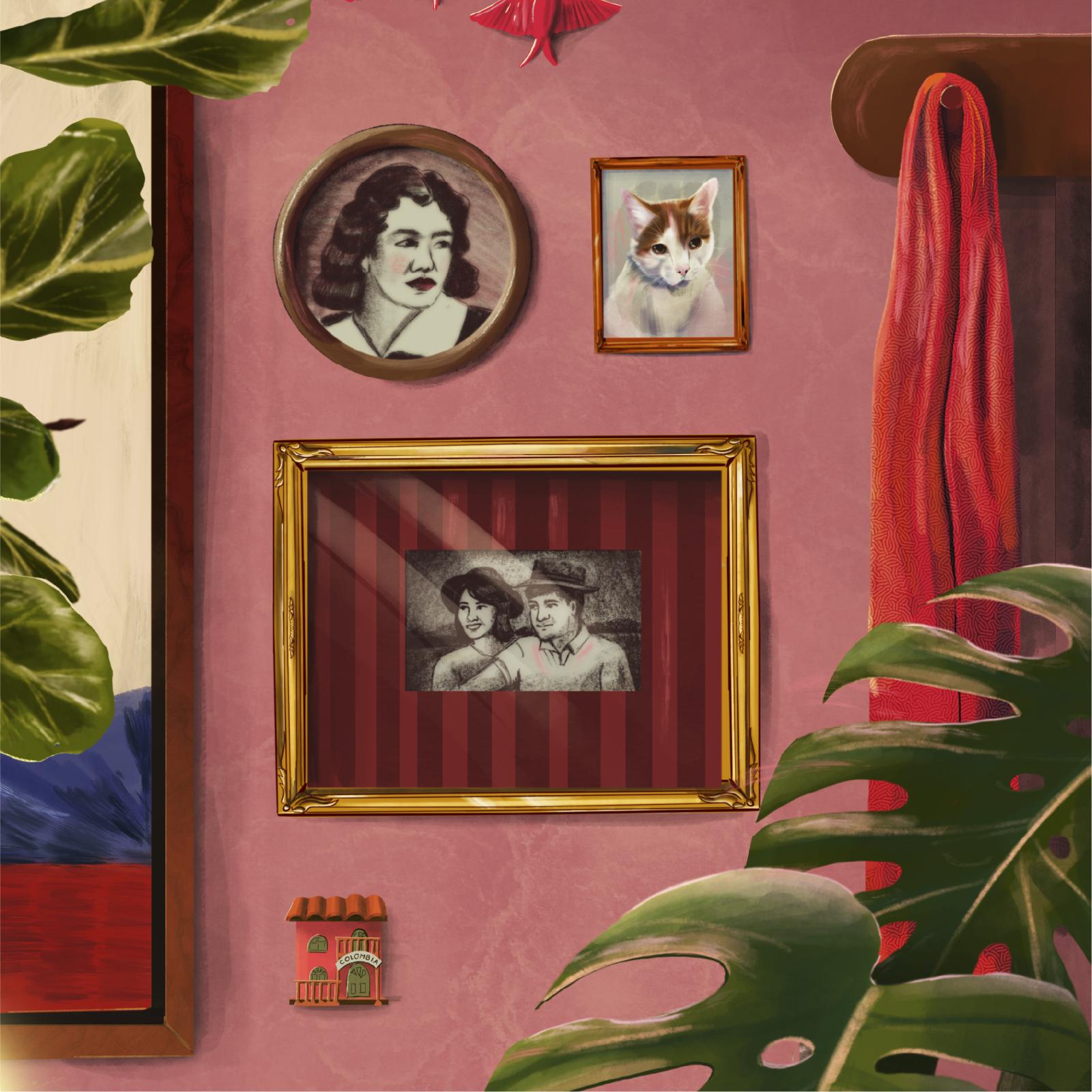 Pink wall with three picture frames. One circle with the image of a woman. One vertical rectangle with the image of an orange and white cat. One horizontal rectangle with the image of a couple. Surrounded by plants. This is a graphic collage.