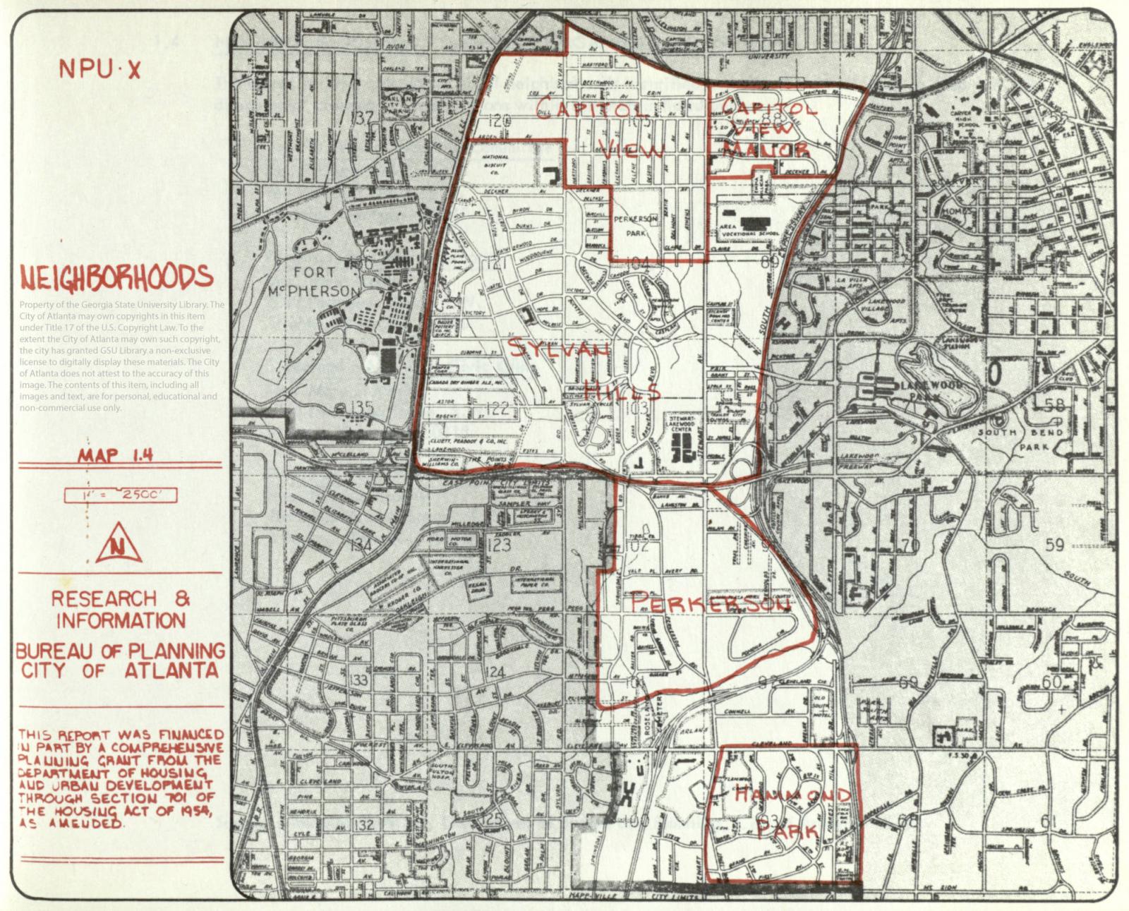 1976 map of Sylvan Hills and surrounding neighborhoods.
