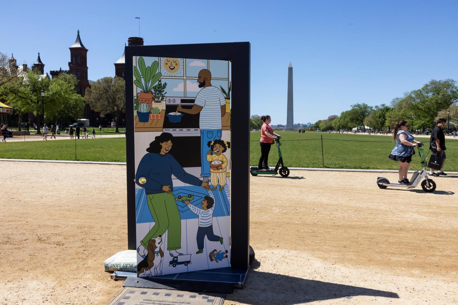 Illustration of a kitchen with parents and a child with the Washington Monument in the background.