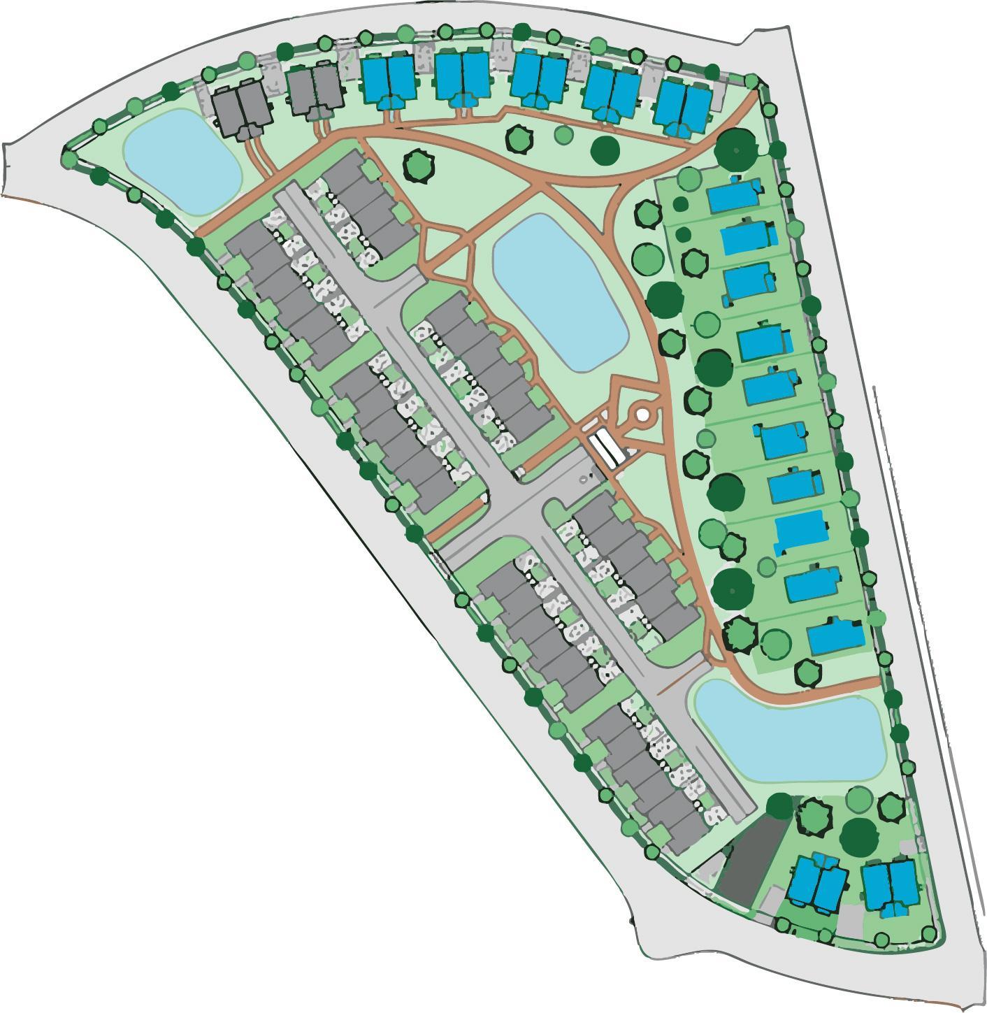 Rendering of Langston Park neighborhood plan showing residences, paths and greenspace.