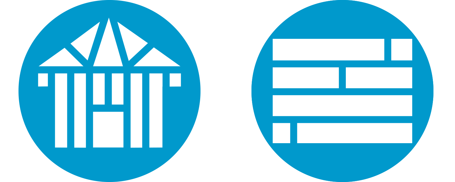 white icons of a house and flooring, each on a blue circle