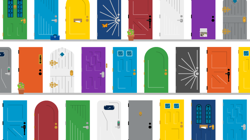 Three rows of cartoon doors in varying colors. 