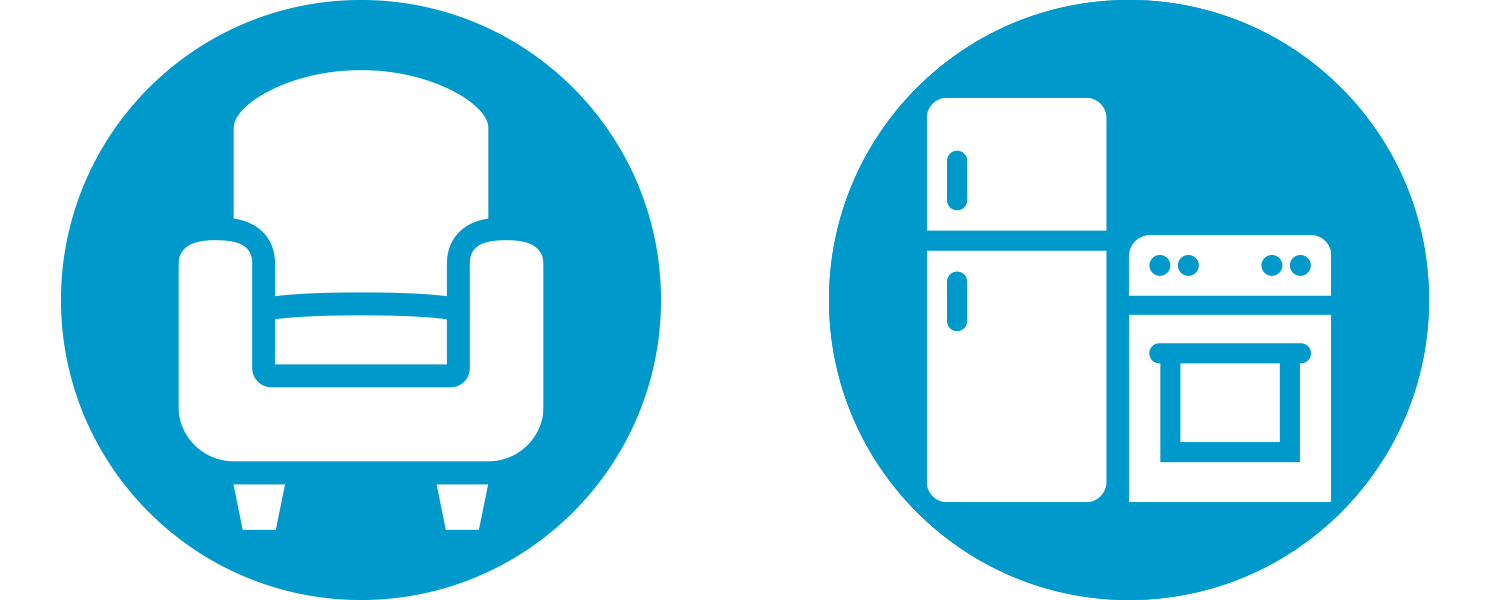 white chair and kitchen appliance icons, each on a blue circle