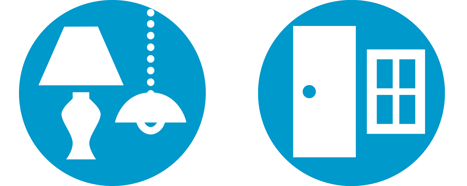 Two blue circles, one with a white icon of light fixtures and one with an icon of a door and window.