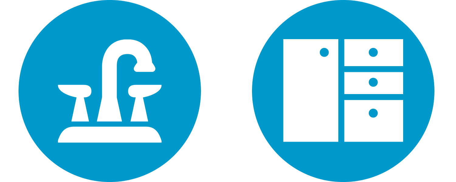 white faucet and cabinet icons, each on a blue circle
