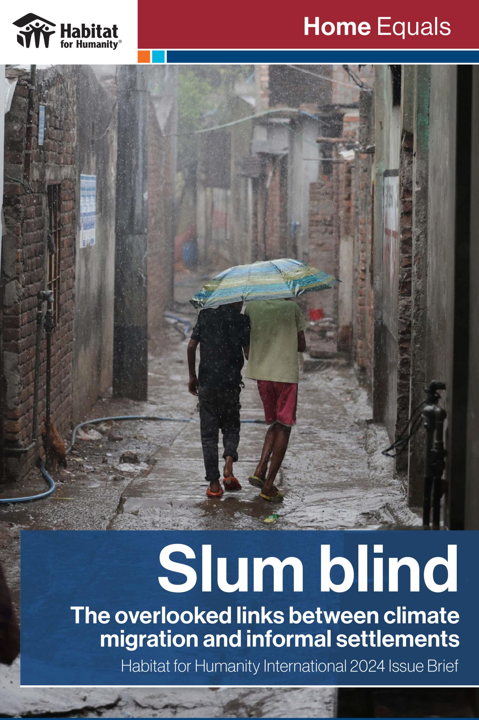 The cover of the Slum Blind climate migration report. Two individuals walking in the rain under an umbrella.
