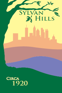 Sylvan Hills neighborhood banner with the Atlanta skyline framed by a tree. The banner says "Sylvan Hills" and "Circa 1920."