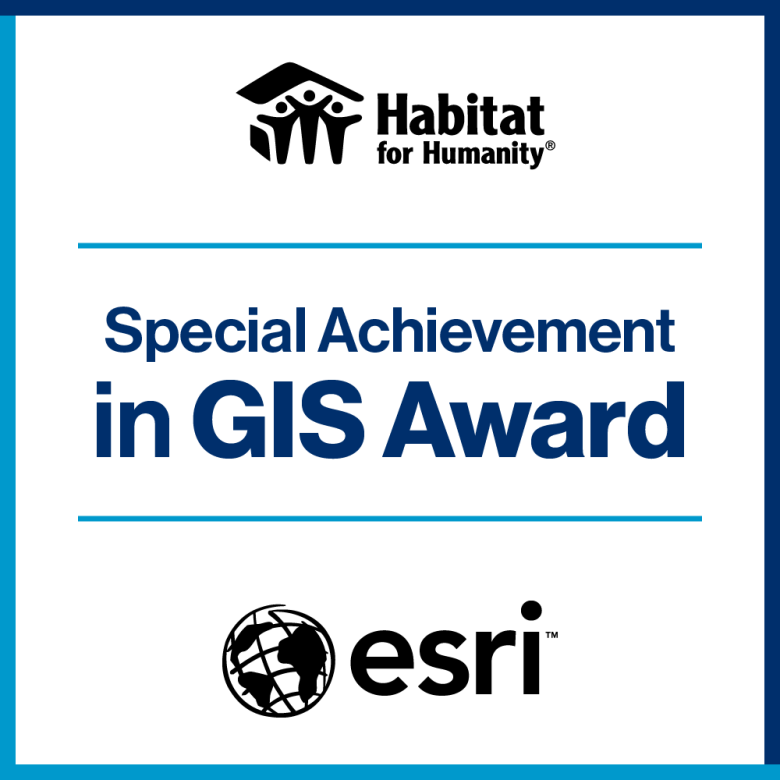 Badge graphic declaring Habitat for Humanity has been given a Special Achievement in GIS Award by ESRI.