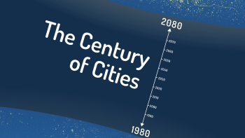 Graphic that says "The Century of Cities" and shows a timeline from 1980 to 2080, as well as what looks like two shots of Earth from space showing city lights, one small and one larger.