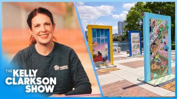 An image of Chief Communications Office Amy Dunham in a split screen with another photo showing a pop-up door art installation. Beneath her it says The Kelly Clarkson Show.