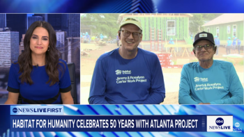 Still from live interview on ABC News, with Diane Macedo on the left, Jonathan Reckford in the middle, and Chip Carter on the right.