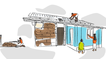 Line illustration of a blue house with two people standing in front of it and one person working on the roof.
