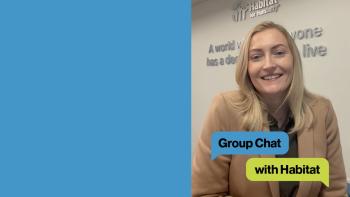 A plain blue block to the left and on the right a woman with blonde hair in a tan blazer smiles and two cartoon bubbles say Group Chat with Habitat.