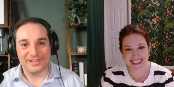 Still split screen image from podcast interview video with host Andrew Bleeker on the left and Habitat Chief Communications Officer Amy Dunham on the right.