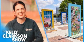 An image of Chief Communications Office Amy Dunham in a split screen with another photo showing a pop-up door art installation. Beneath her it says The Kelly Clarkson Show.