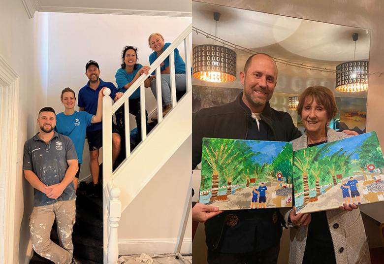 Dan with colleagues painting a Sydney youth housing facility (left) and at an event.